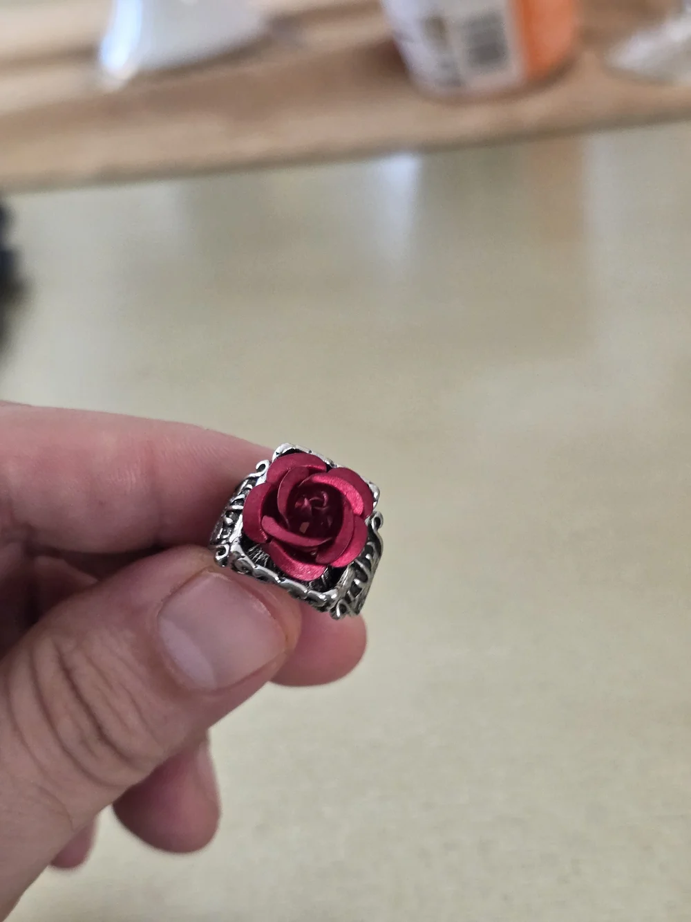 Silver Ring with Red Rose Accent